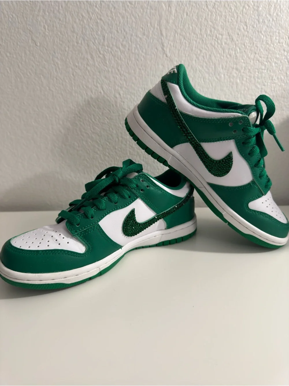 Kids Green & White Sneakers with Sparkle Swoosh Nike Dunks